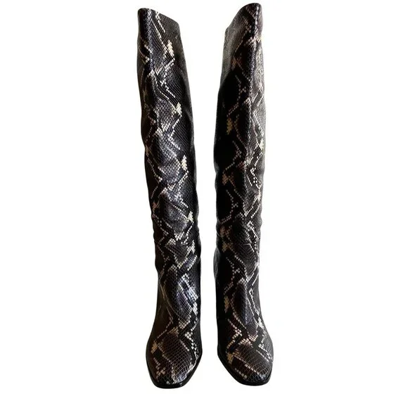 Sigerson Morrison Python Embossed Knee-High Leather Boots 40 Black Brown Snake - Picture 2 of 14